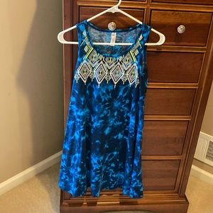 Justice tie dye sleeveless dress, blue and navy blue, size 14, 95% polyester